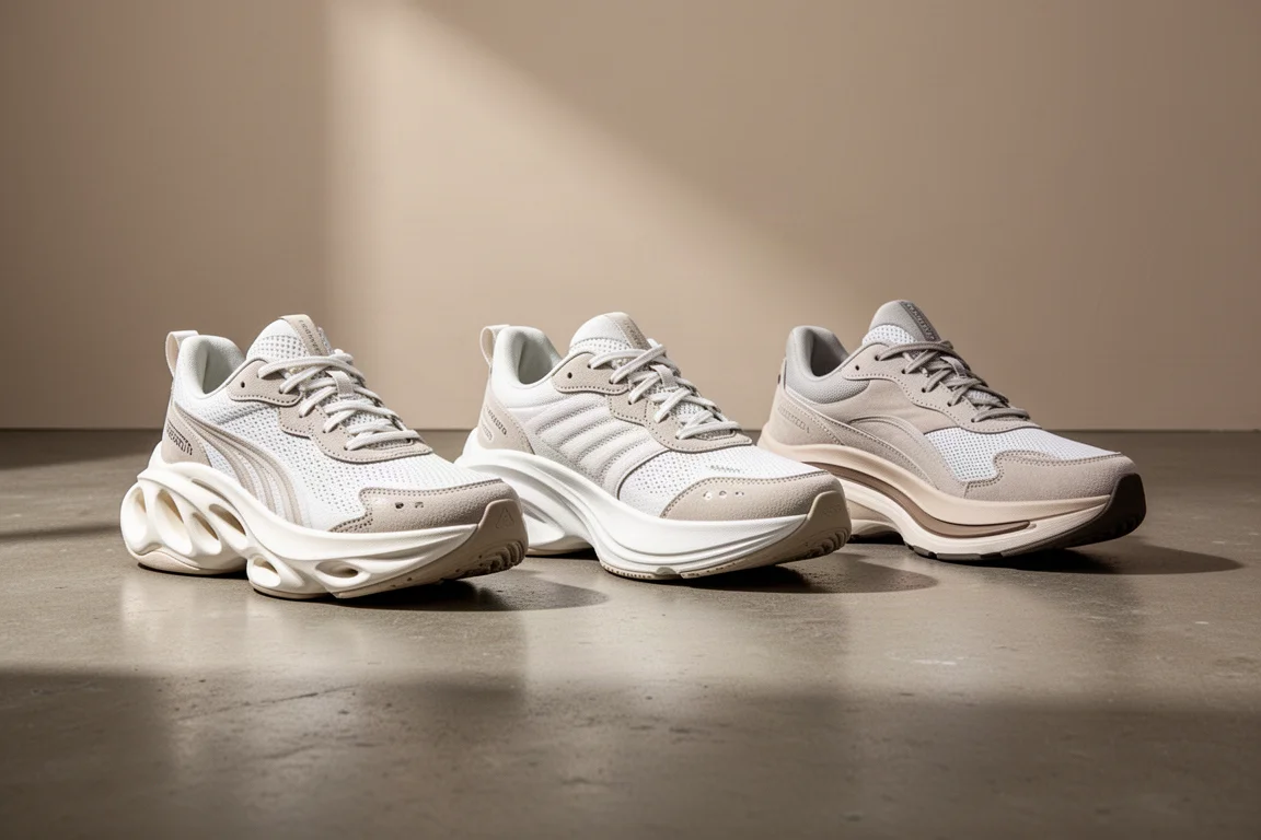 Three premium max-stack running shoes lined up on a concrete studio floor