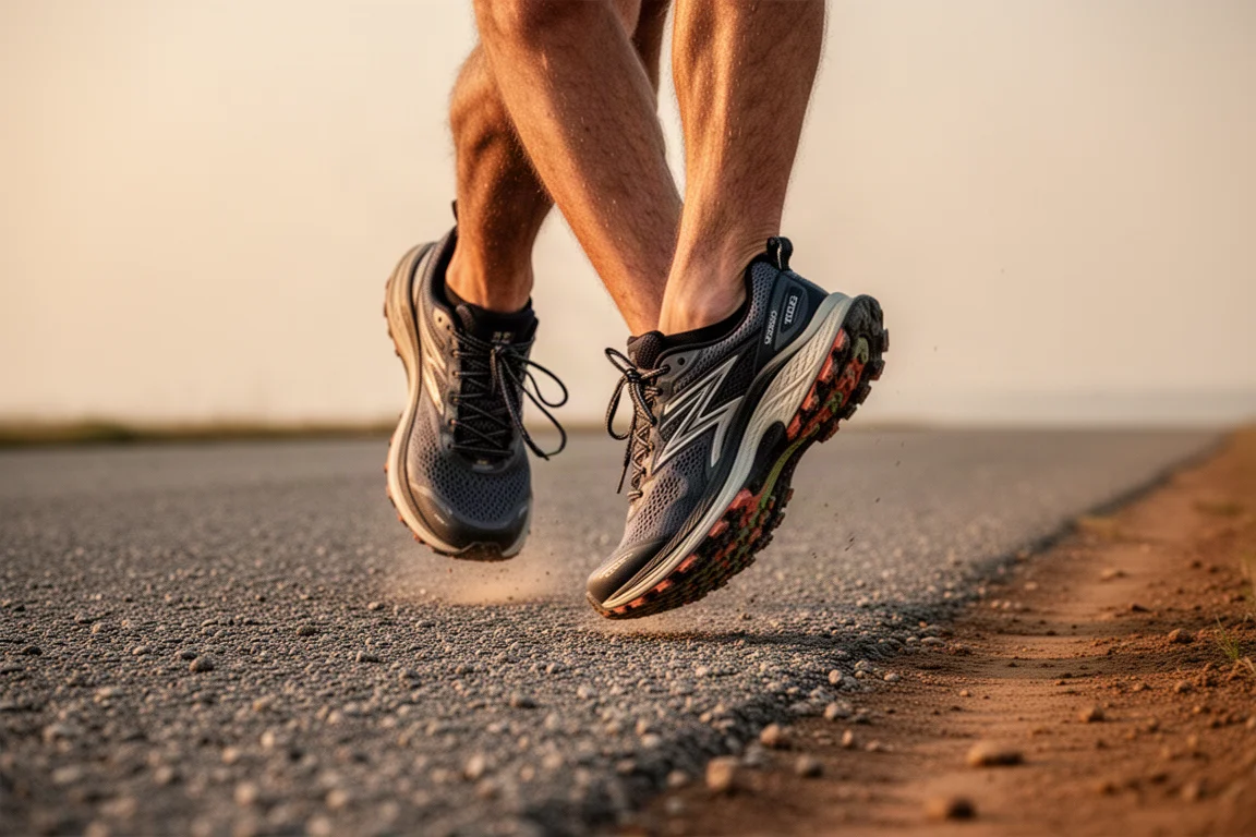 Pés de um corredor em tênis de trail com amortecimento máximo em um caminho de cascalho liso perto da cidade