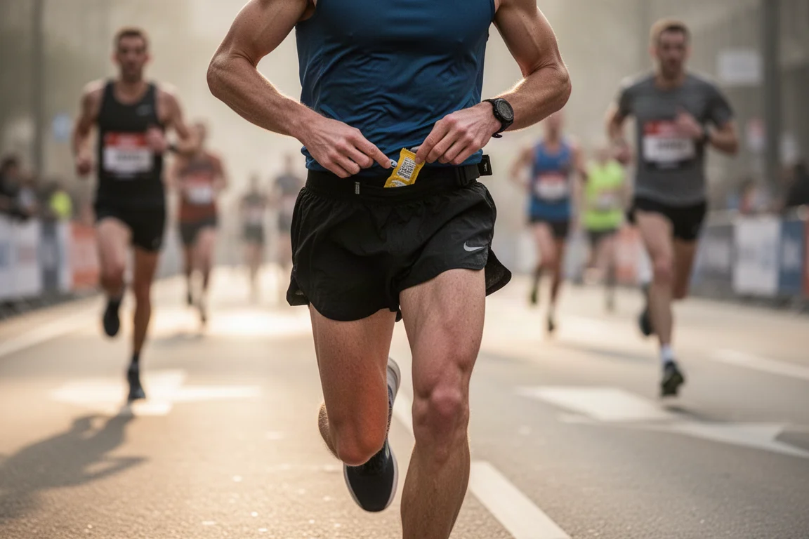 Un coureur prenant un gel dans une poche à la taille lors d'un marathon