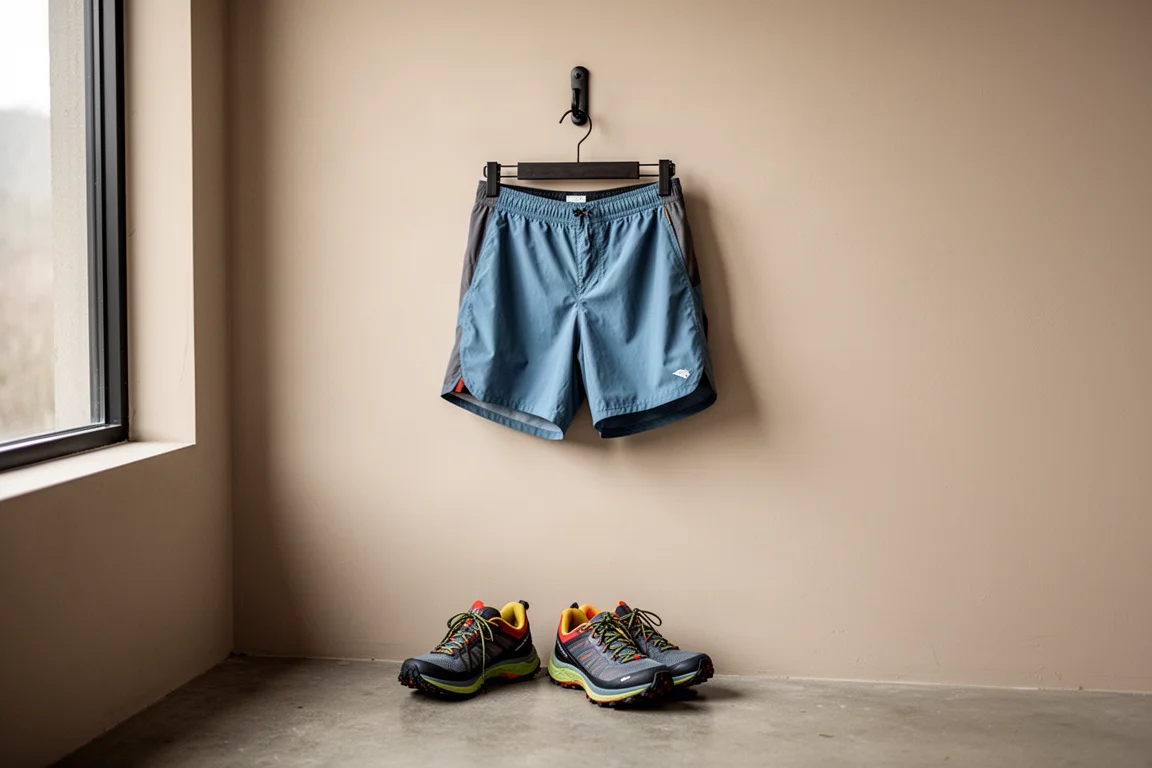 Short de trail accroché à un portant dans un local matériel avec des chaussures de running en dessous