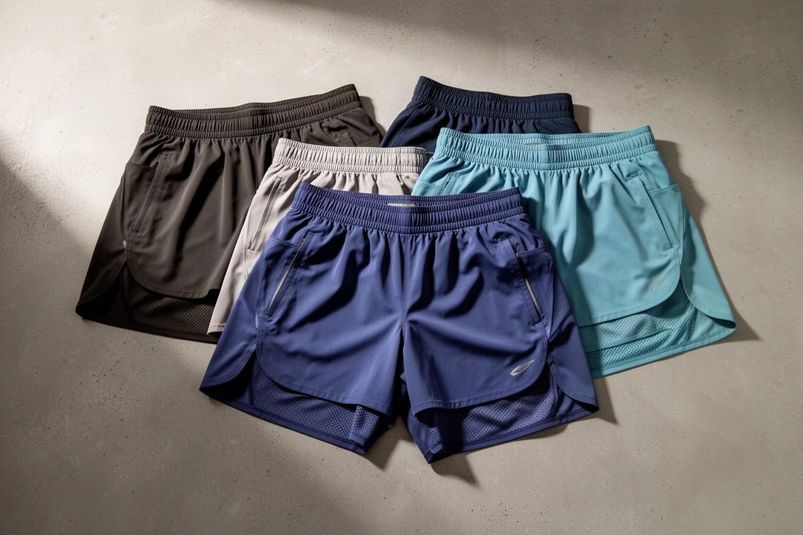 Flat-lay collection of running shorts with multiple pockets on concrete surface