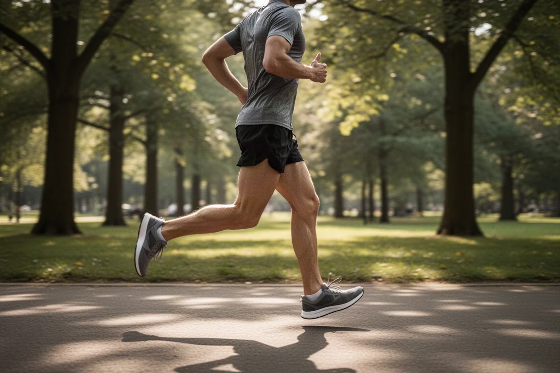 Corredor em uma corrida leve e tranquila por um caminho arborizado de parque