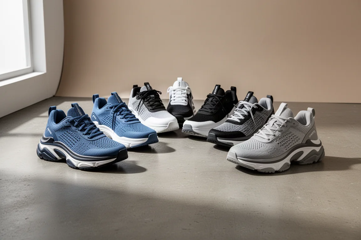 Eight high-stack running shoes with thick midsoles arranged on a concrete studio floor