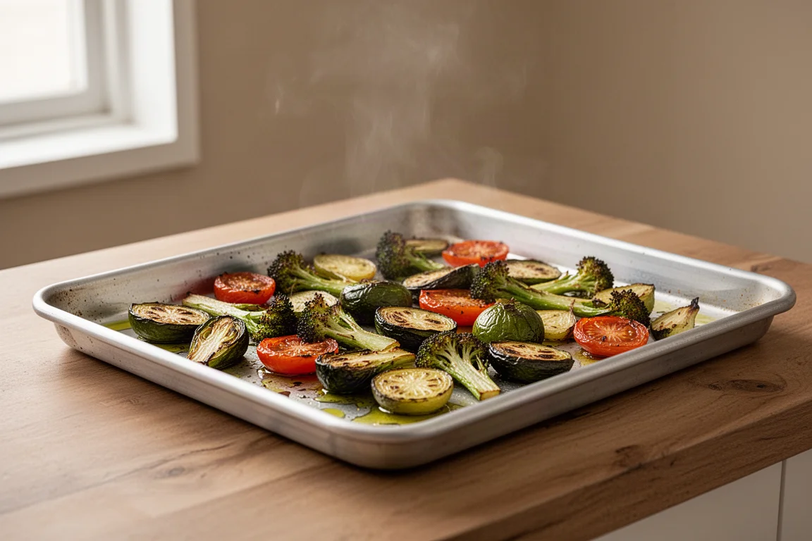 Roasted vegetables spread across a large sheet pan fresh from the oven