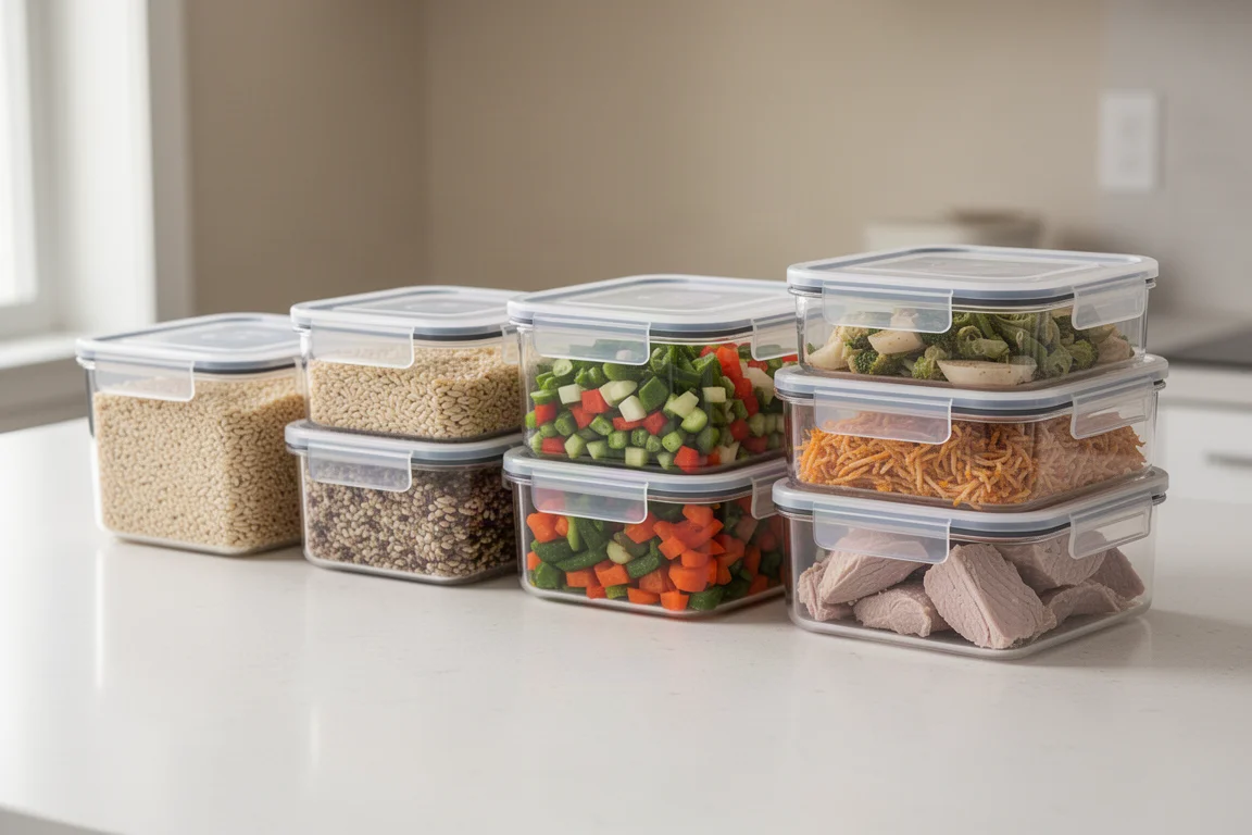 Stacked food storage containers with sealed lids on a kitchen counter