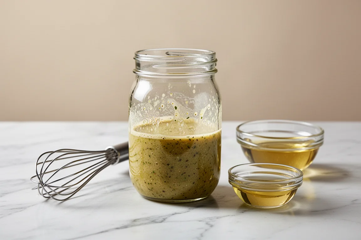 Salad dressing being shaken in a sealed glass jar on a marble counter