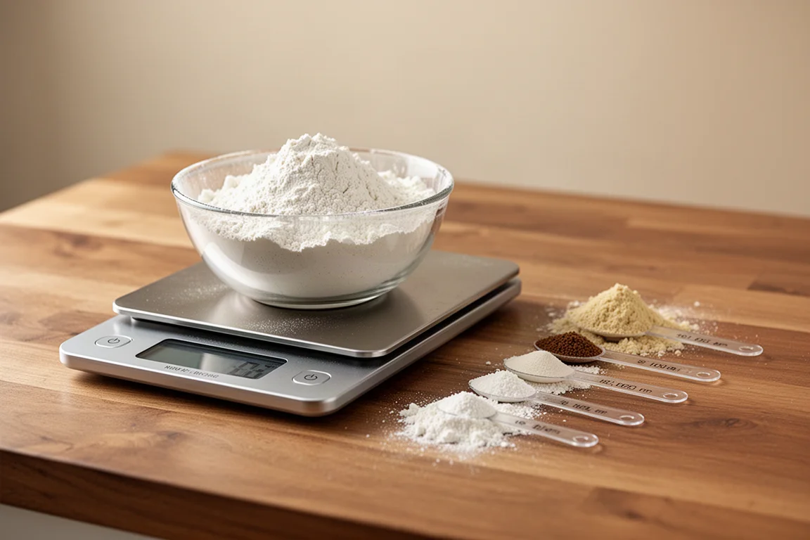 Digital kitchen scale weighing ingredients in a bowl on a counter
