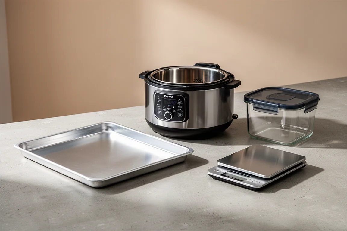 Sheet pan, multi-cooker, glass container, and kitchen scale arranged on a concrete counter