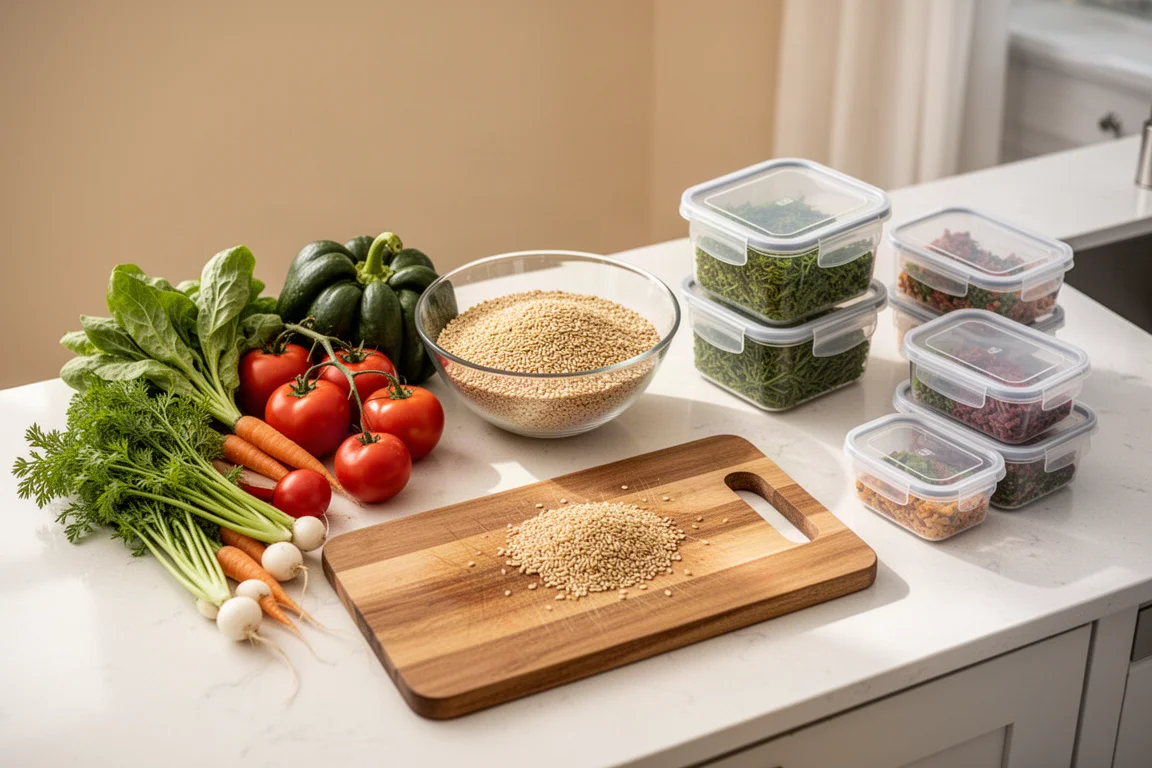 Un plan de travail de cuisine préparé pour une séance de meal prep hebdomadaire avec des ingrédients frais