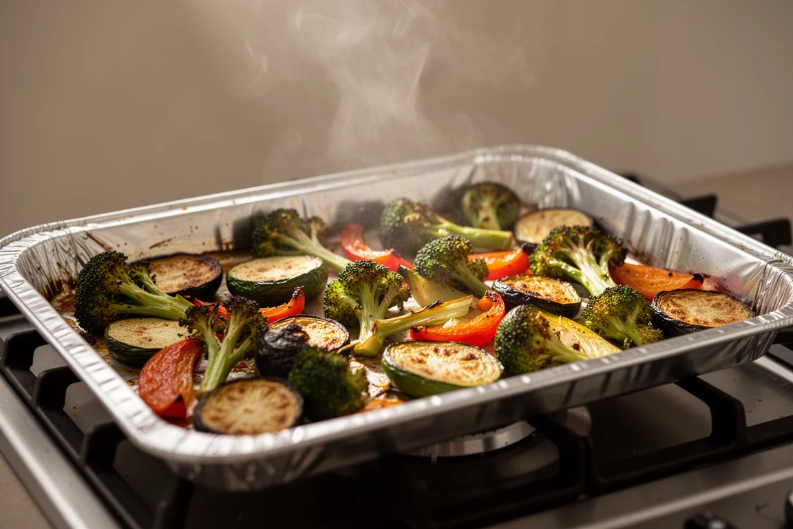 Des légumes rôtis étalés sur une plaque de cuisson à rebords sortie du four