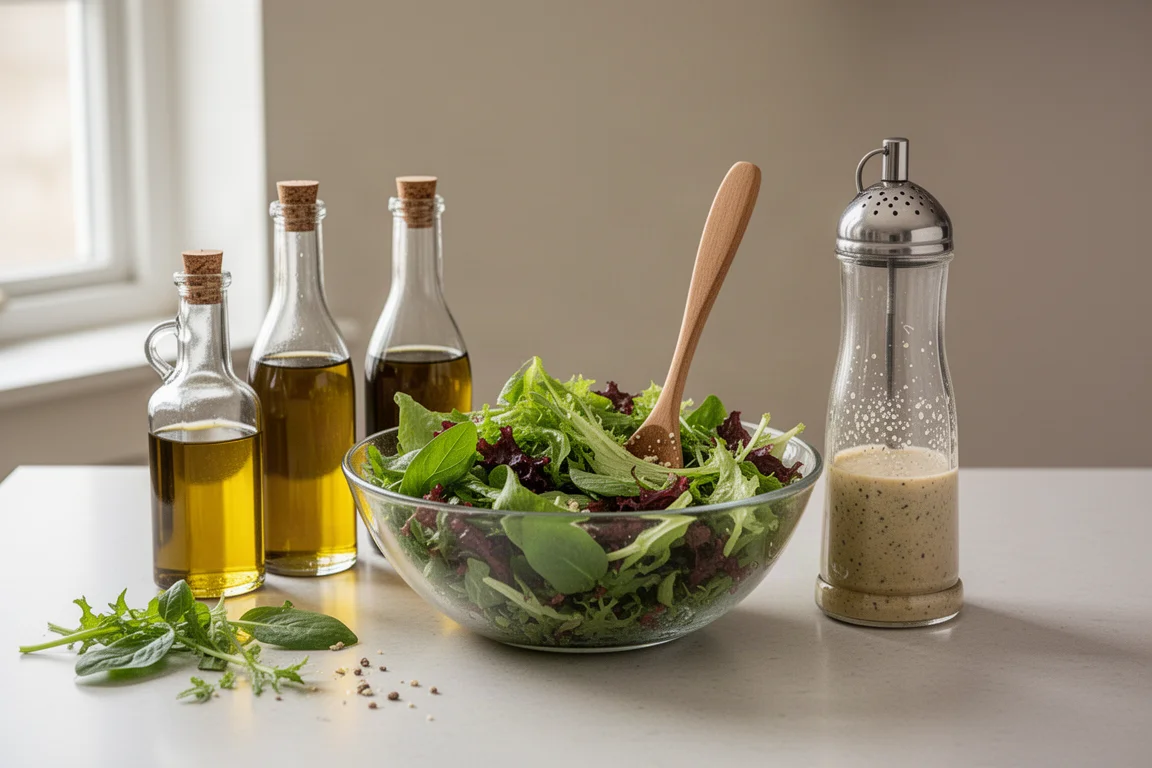 Une vinaigrette maison secouée dans une bouteille fermée sur un plan de travail