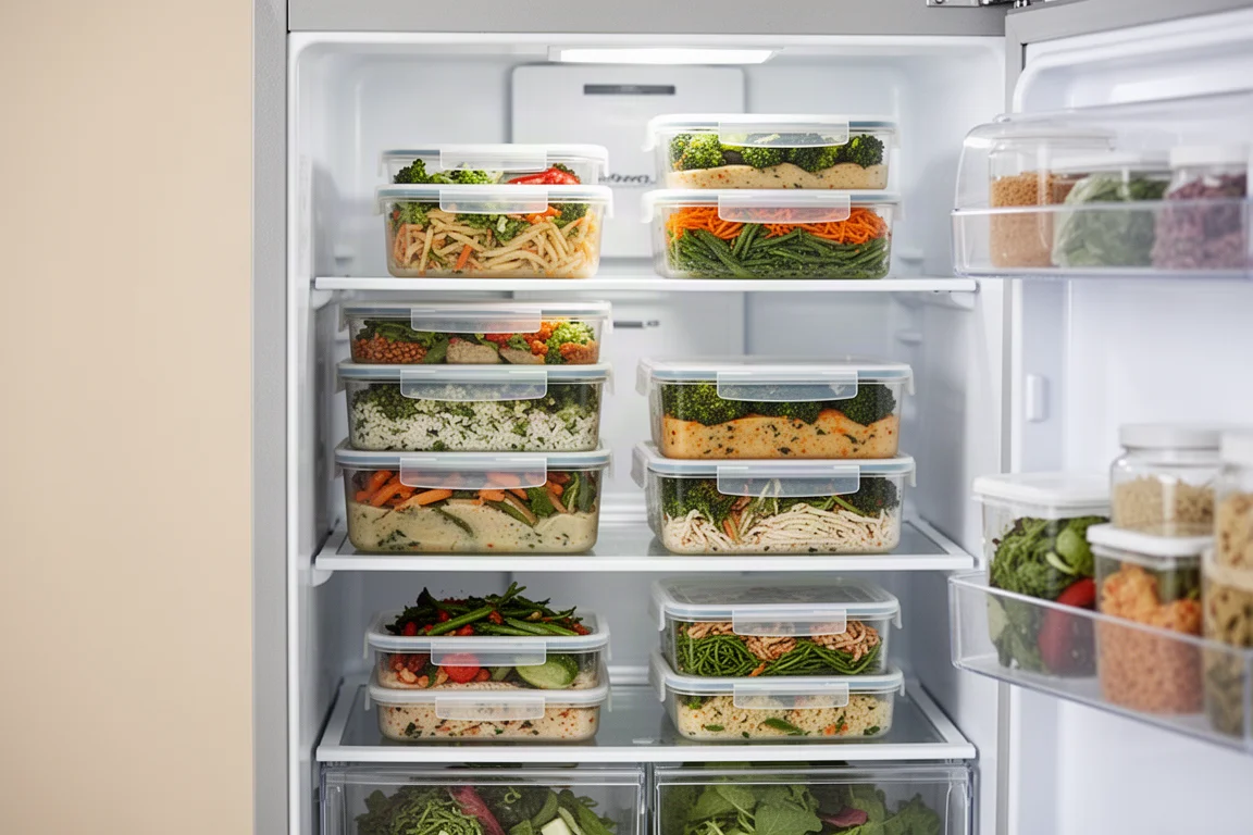 Des boîtes de repas empilées remplies de plats préparés dans un réfrigérateur