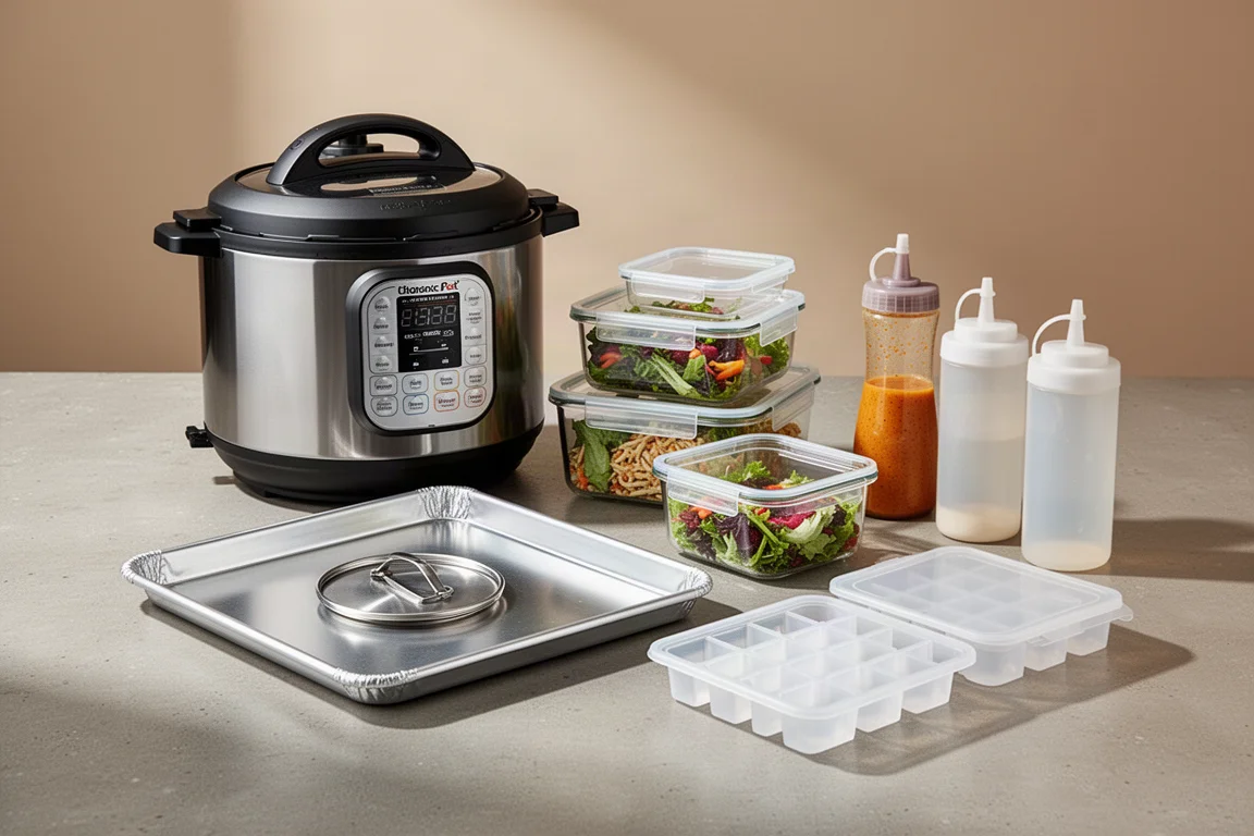 Collection of meal prep kitchen tools arranged on a concrete countertop