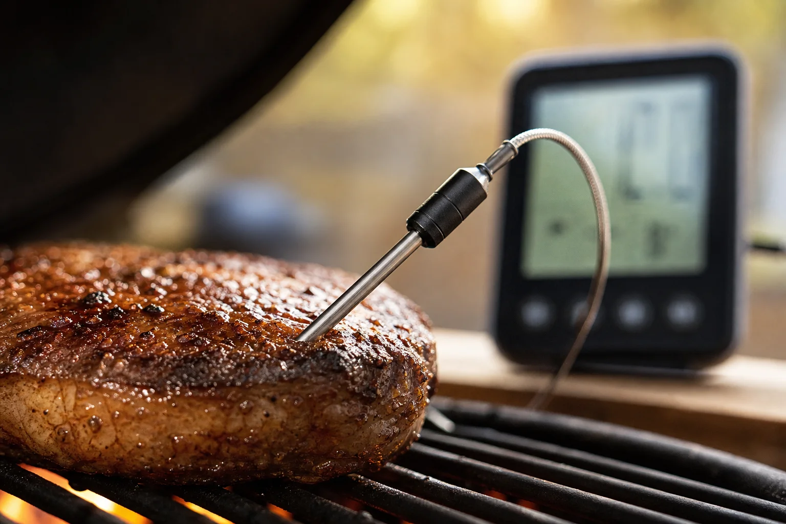 Close-up of a meat thermometer probe inserted into a grilled steak