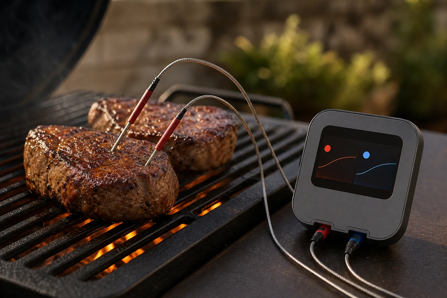 Dual-probe thermometer monitoring two different cuts of meat on a grill