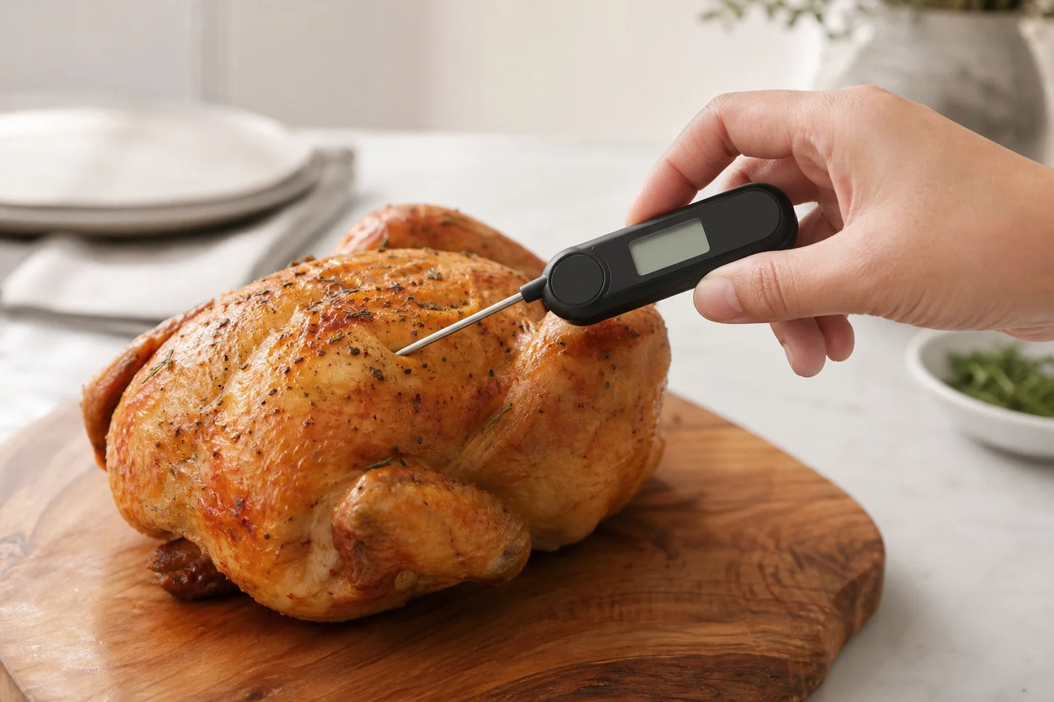 Instant-read thermometer checking temperature of roasted chicken on cutting board