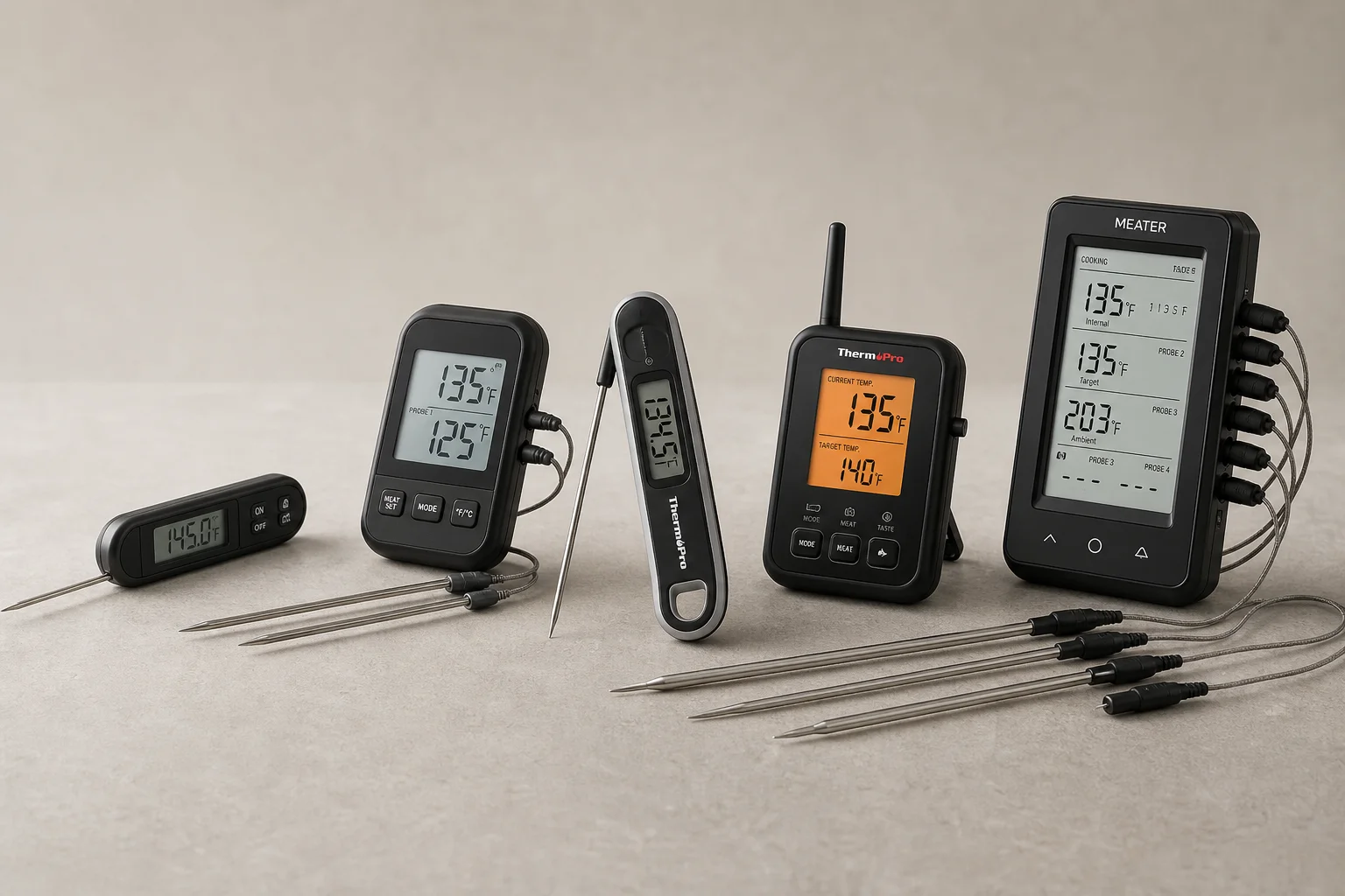 Five meat thermometers arranged diagonally from budget to premium models on concrete