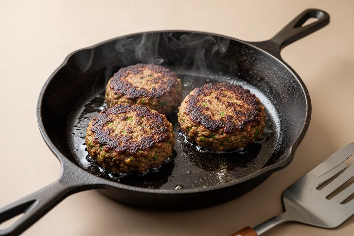 Pflanzliche Burger-Patties brutzeln in einer Pfanne mit brauner Kruste