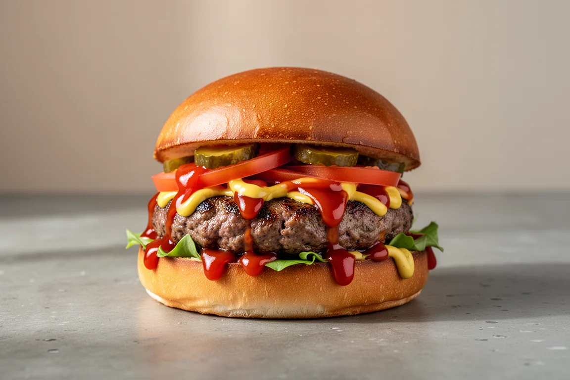 Burger-Patties mit Ketchup, Senf und Gurken auf einem Brioche-Brötchen