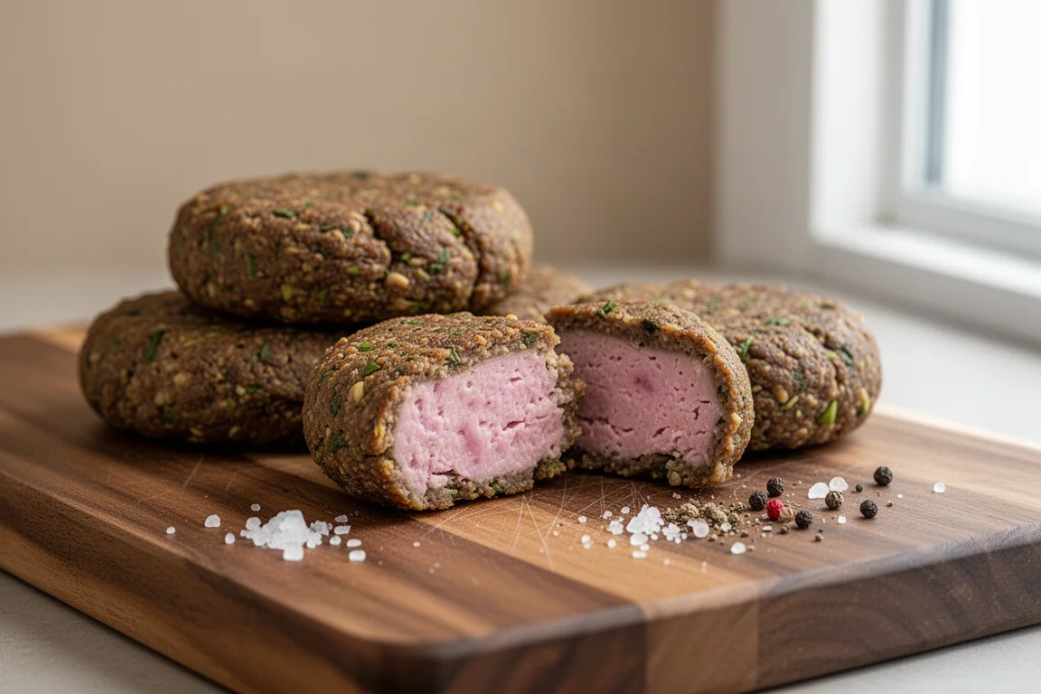 Rohes pflanzliches Patty mit rosa Innerem auf einem Holzbrett