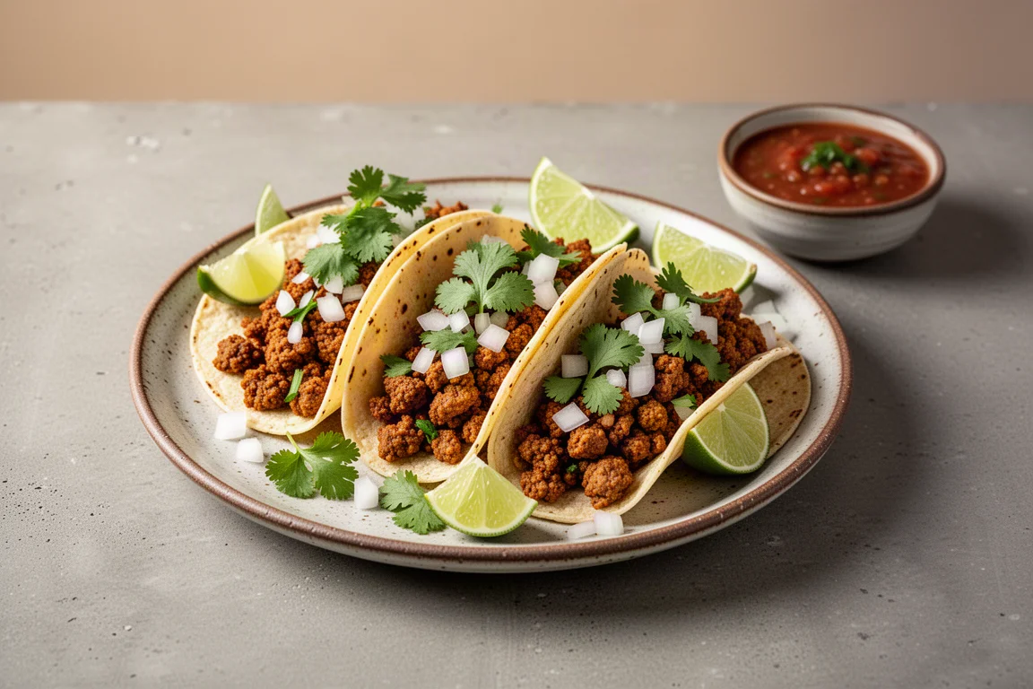 Tacos mit gewürztem pflanzlichem Hack auf rustikalem Teller