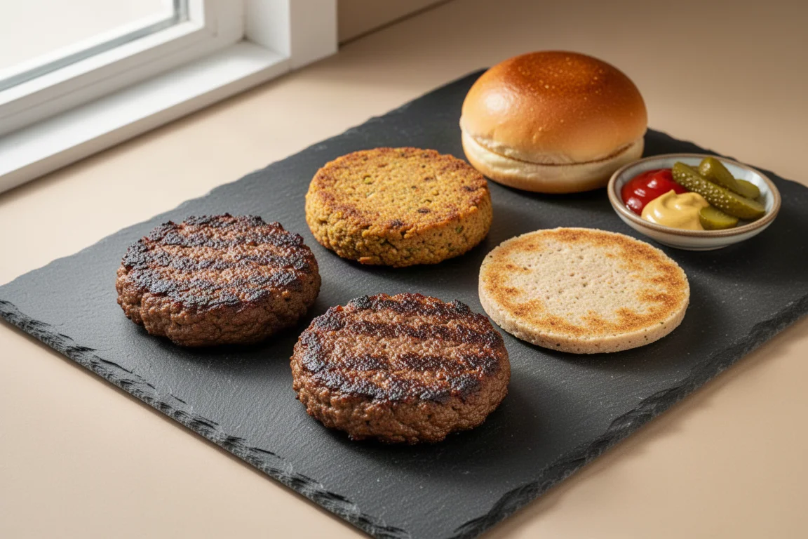 Four plant-based burger patties on slate with a brioche bun and condiments