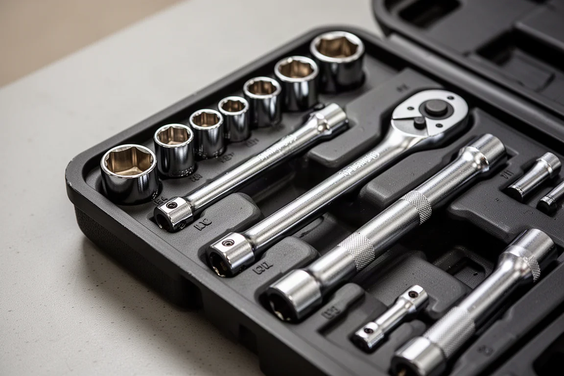 Close-up of a ratchet and sockets arranged in a molded tool tray