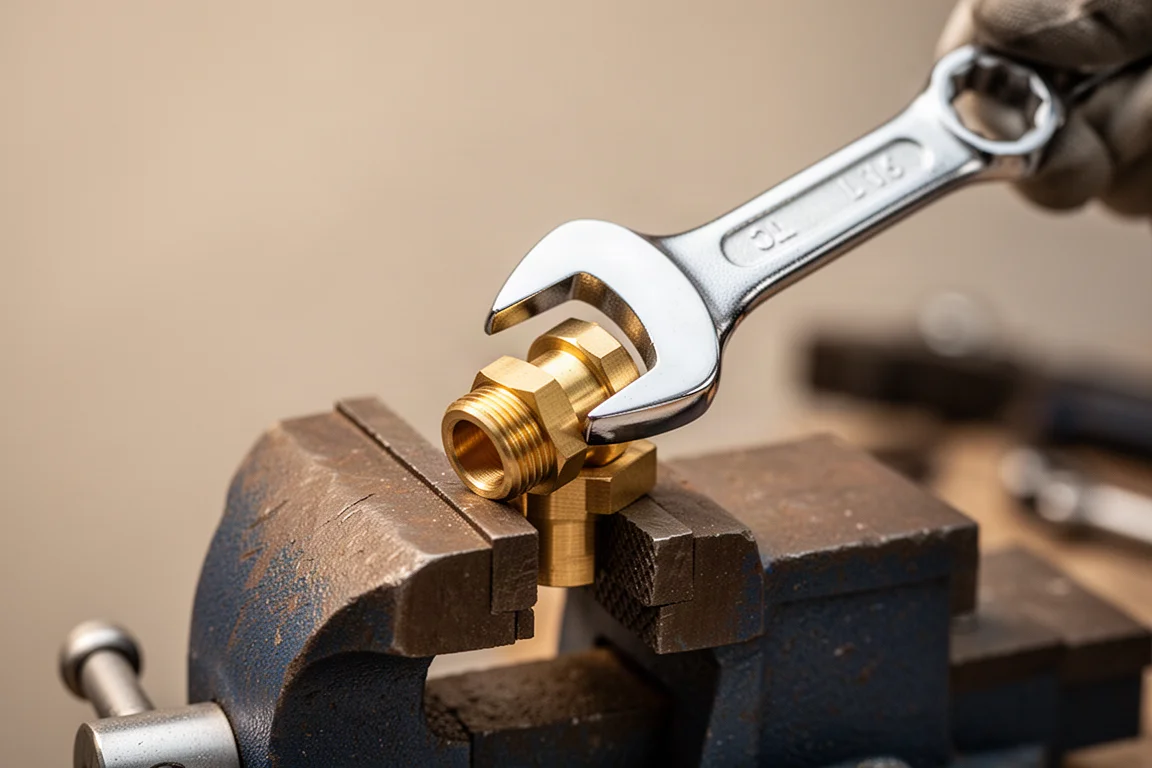 Combination wrench working on a soft brass coupling nut on a bench