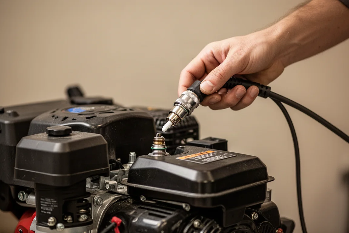 Mechanic hand fitting a socket onto a small engine spark plug
