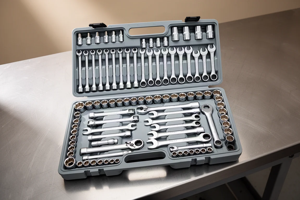 Open three-tray mechanic tool set with wrenches and sockets laid out neatly