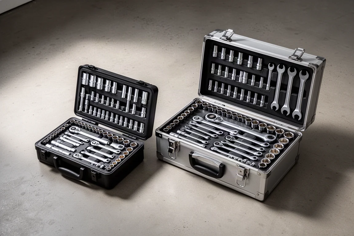 Two open three-tray mechanic tool sets with sockets and wrenches on a concrete floor
