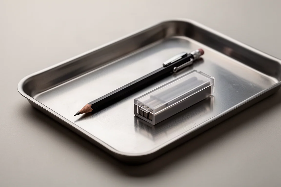 Tekening potlood en grafietkoker op een minimalistische bureauinrichting