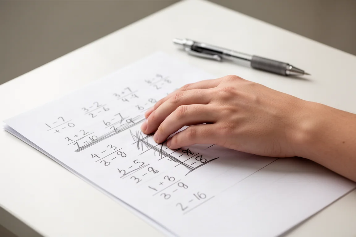 Hand van een linkshandige schrijver rustend op een pagina met potloodwerk