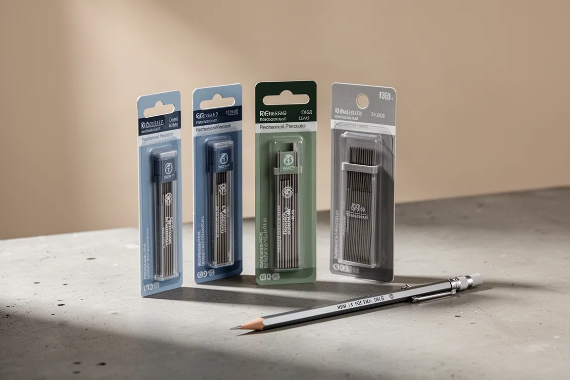 Assorted mechanical pencil lead tubes beside a drafting pencil on concrete