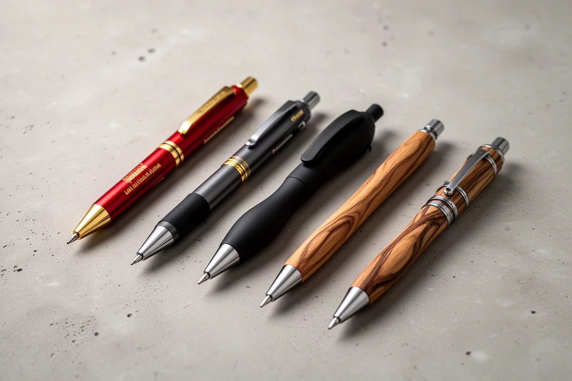 Five different mechanical pencils arranged in a row on a concrete surface