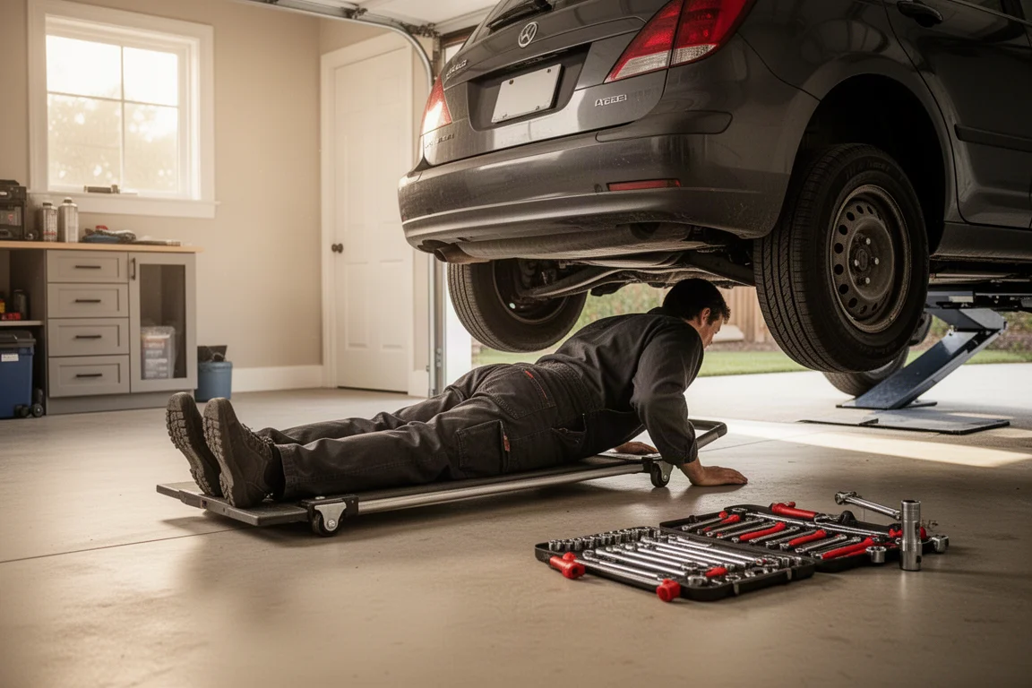 Monteur schuift onder een auto vandaan op een lage kripper in een thuisgarage