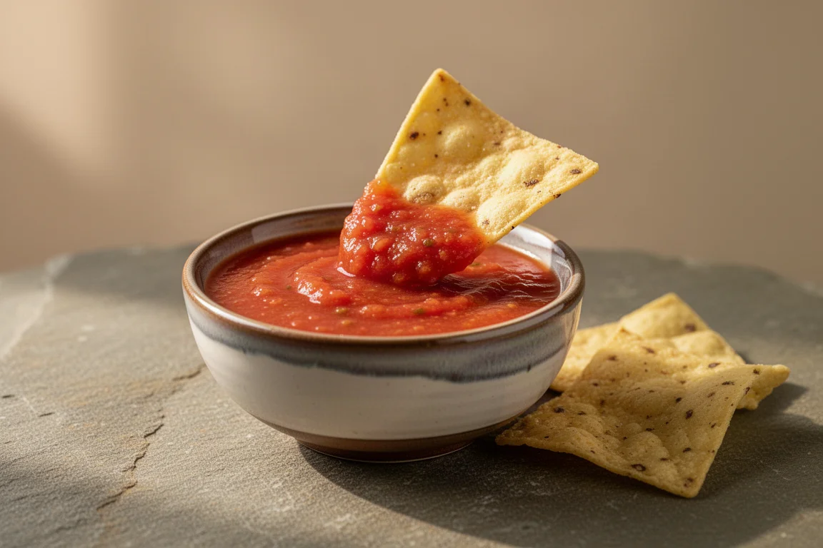 Totopo de maíz sumergido en un tazón de salsa roja de tomate