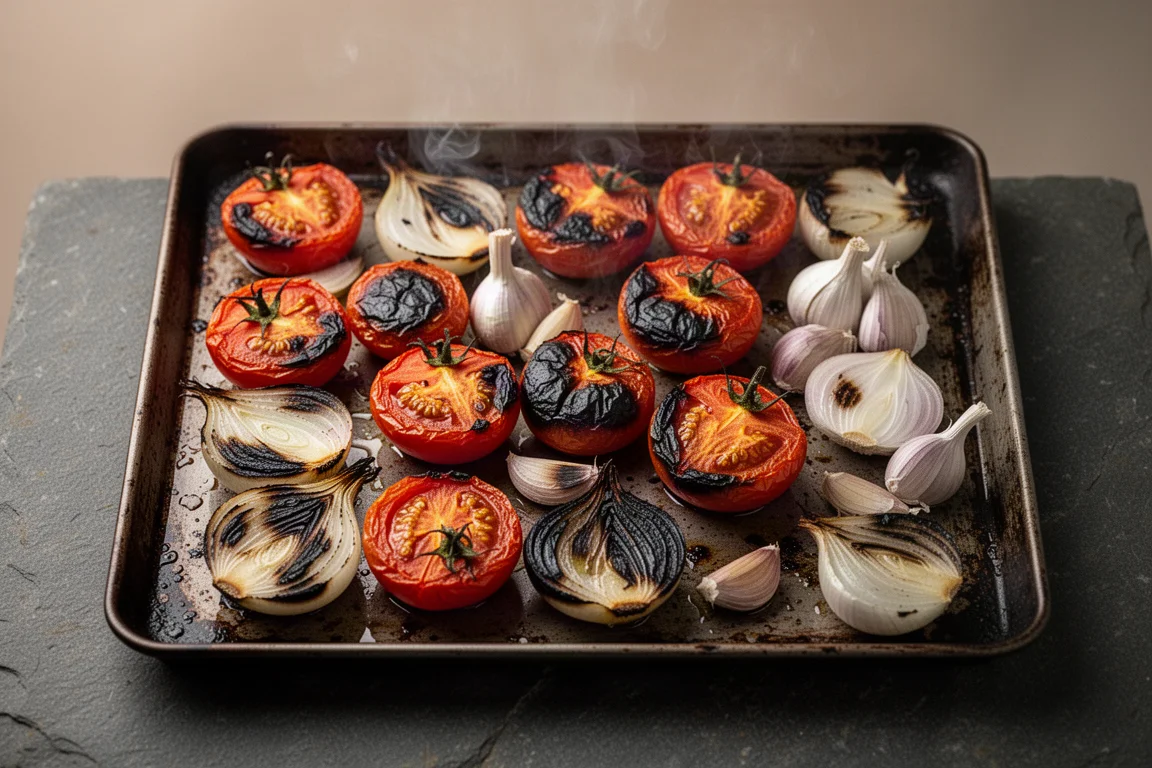 Tomates, cebollas y ajos asados y tostados sobre una bandeja oscura de horno