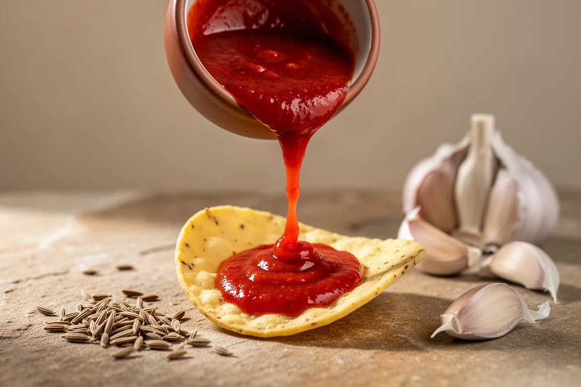 Salsa roja de textura suave vertida sobre un totopo, con comino y ajo cerca