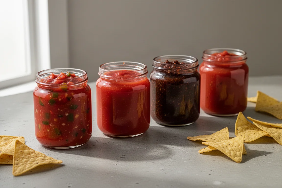 Four jars of red tomato salsa in a row on a concrete surface with tortilla chips