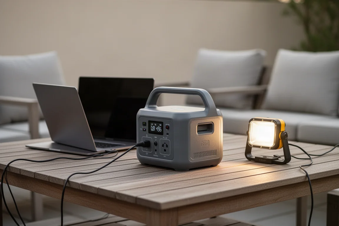 Tragbare Powerstation lädt ein Laptop auf einem Holztisch auf der Terrasse