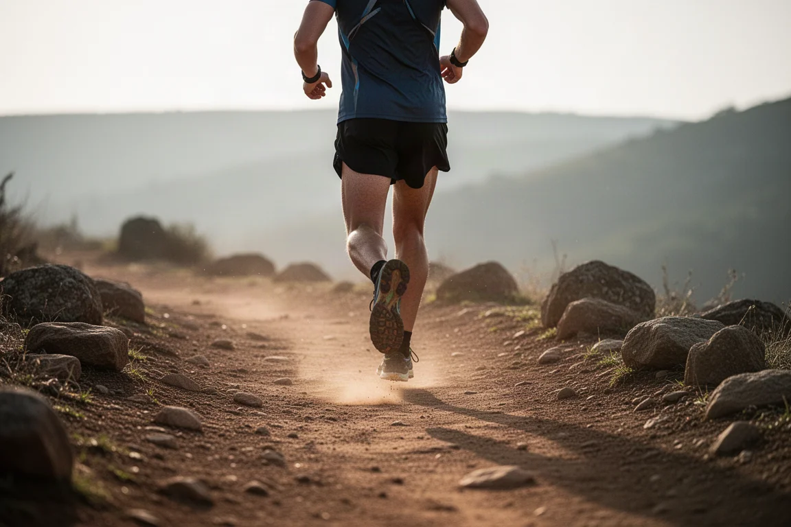Trailrunner überquert halb-technisches Felsgelände auf einem Erdweg