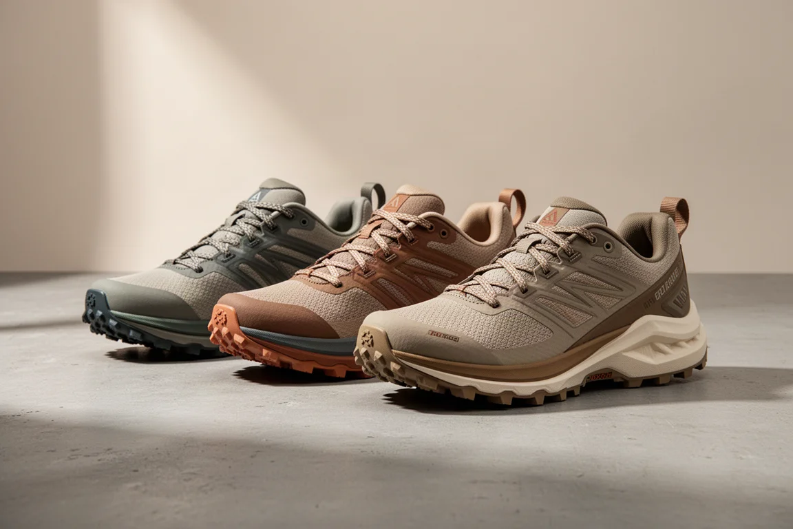 Four Merrell trail running shoes arranged on a concrete surface showing lugged outsoles