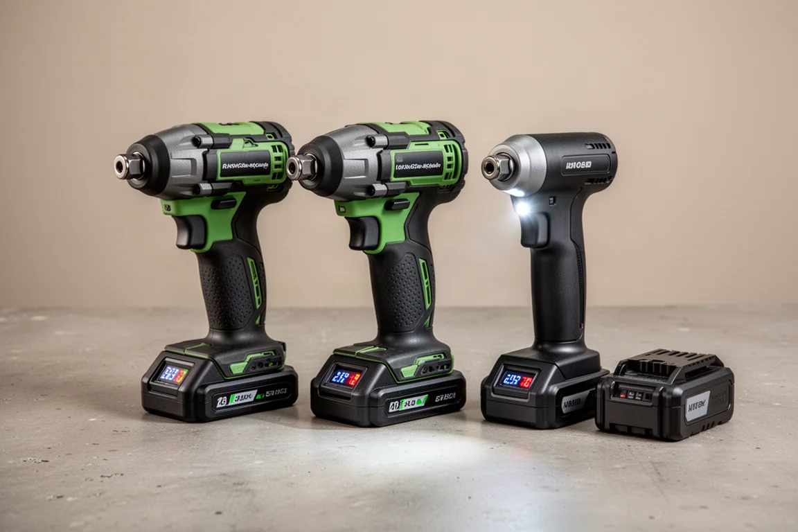 Three Metabo HPT cordless impact drivers lined up on a concrete surface with battery packs