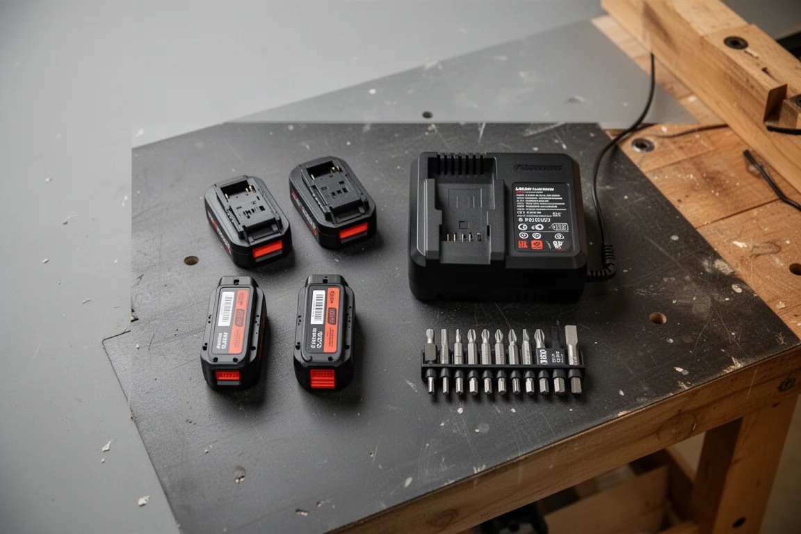 Vue à plat d'accessoires d'outillage sans fil, batteries et chargeur inclus, sur un établi d'atelier