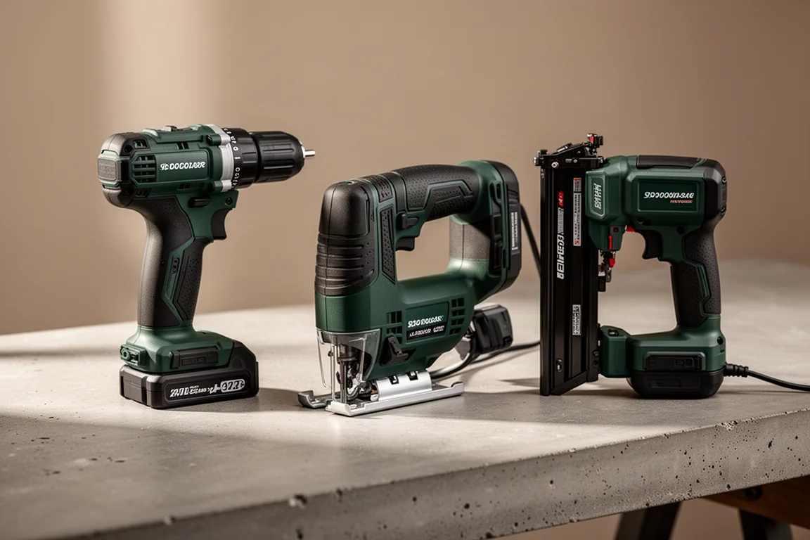 Metabo HPT drill, jigsaw, and nailer arranged on a concrete workbench