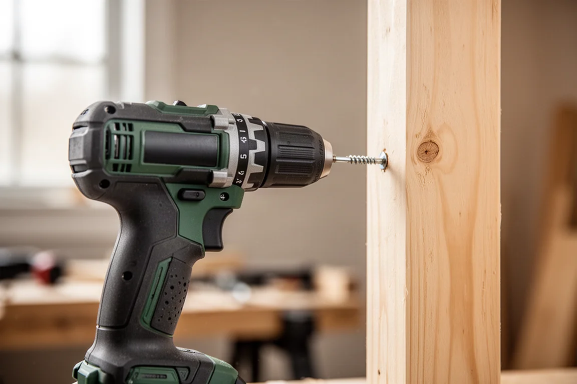Sub-compact accuboor draait een schroef in een houten balkframe