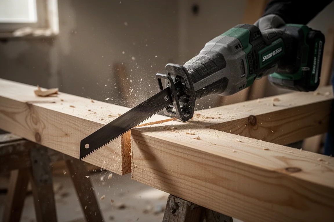Reciprozaag zaagt door dik hout tijdens een sloopwerk