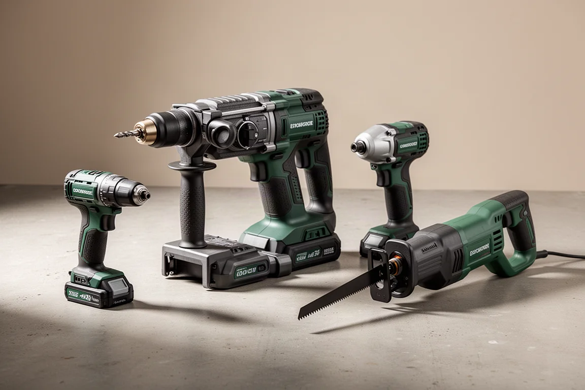Collection of Metabo HPT cordless power tools arranged on a concrete workshop floor