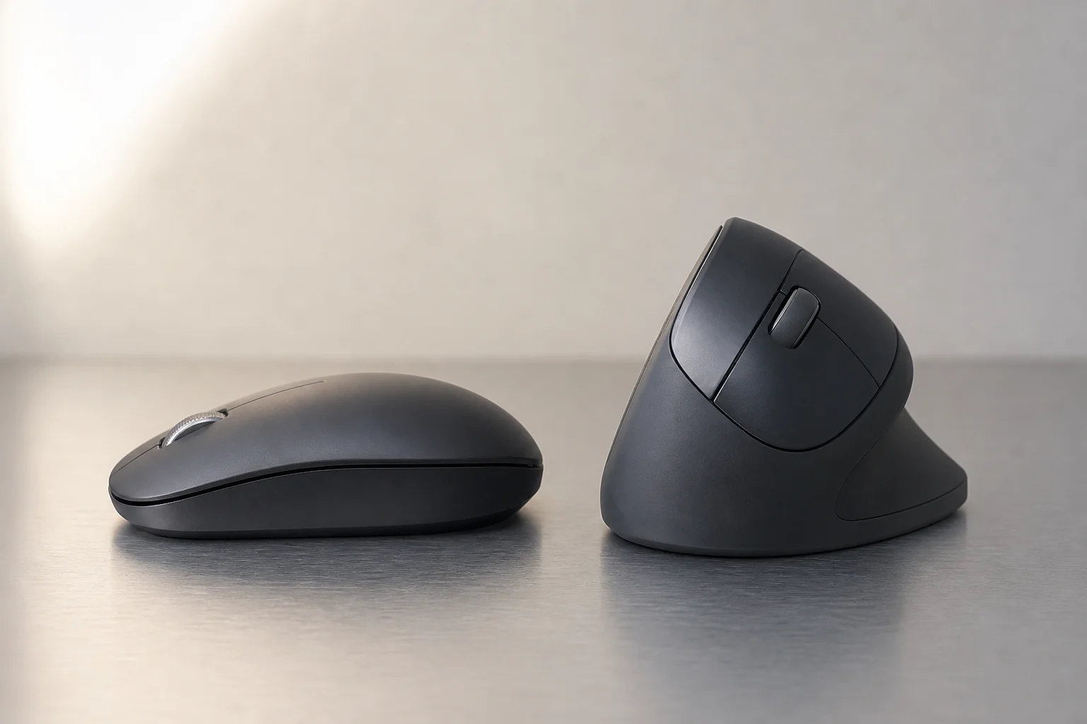 Standardmus bredvid en vertikal ergonomisk mus för jämförelse